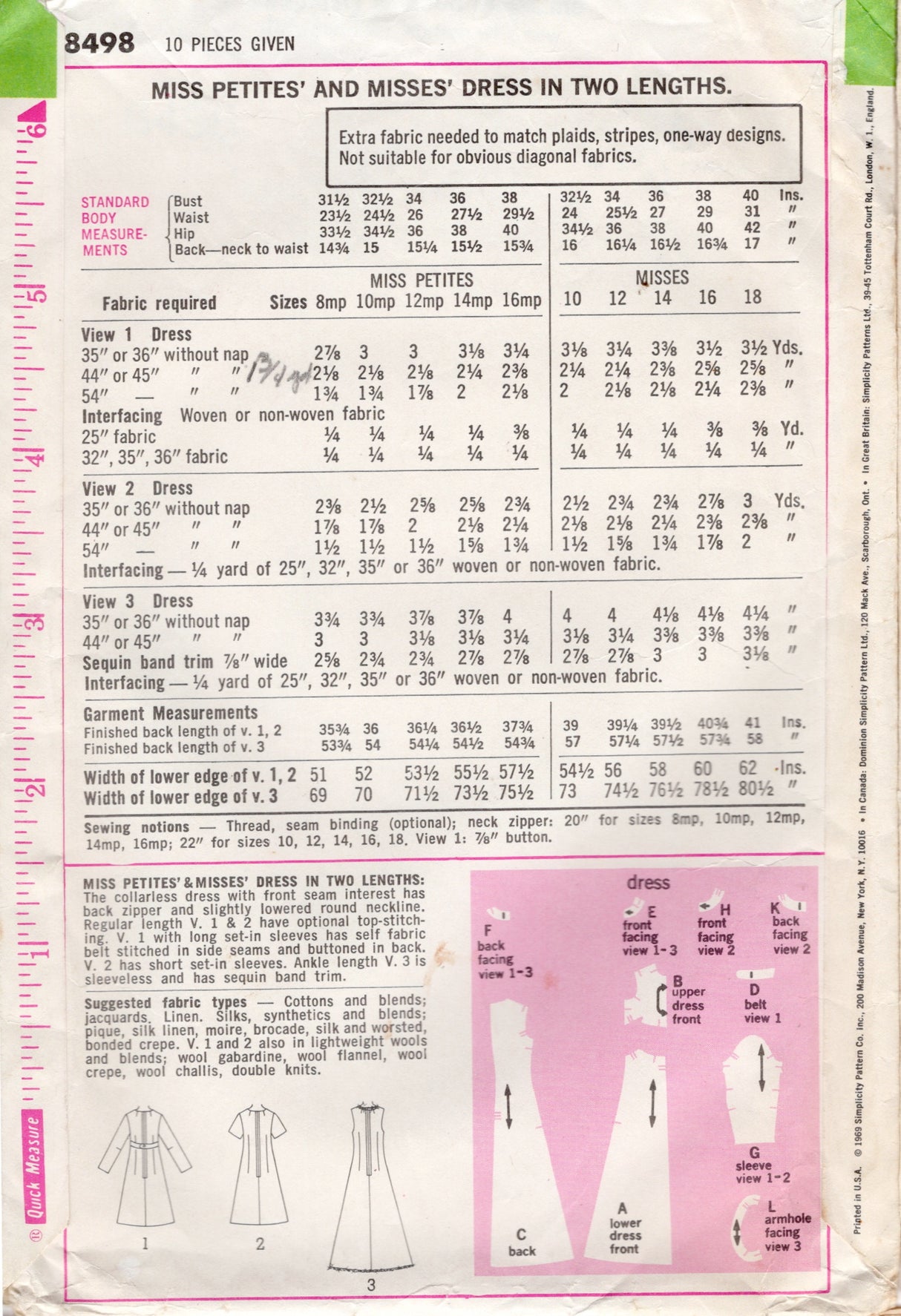 1960's Simplicity Midi or Maxi Empire Waist Dress Pattern - Bust 34" - No. 8498