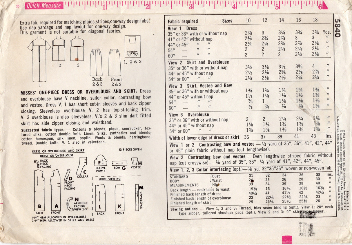 1960's Simplicity Sailor Collar Dress or Overblouse and Skirt pattern - Bust 32" - No. 5840