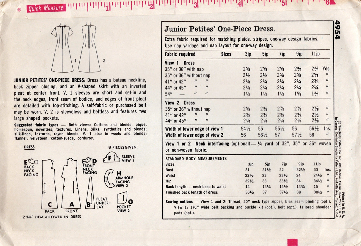 1960's Simplicity Belted Dress Pattern with Patch Pockets - Bust 32.5" - No. 4954