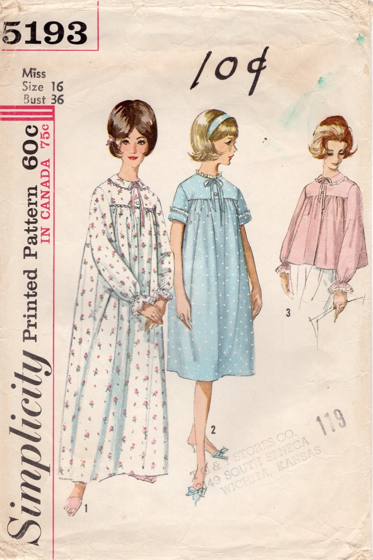 1960's Simplicity Nightgown and Bed Jacket Pattern - Bust 36" - No. 5193