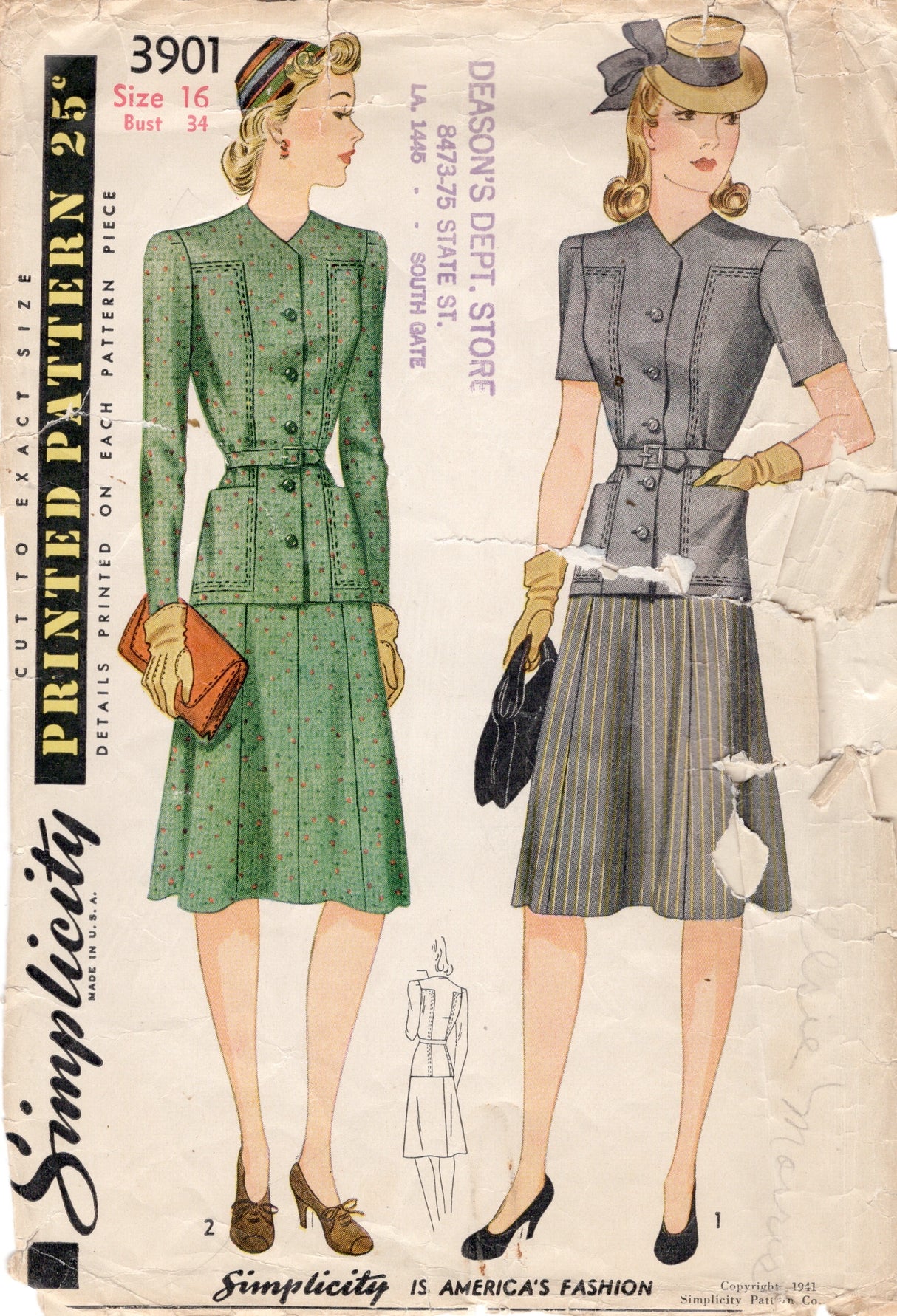 1940's Simplicity Two Piece Dress with T Yoke Detail - Bust 34" - No. 3901
