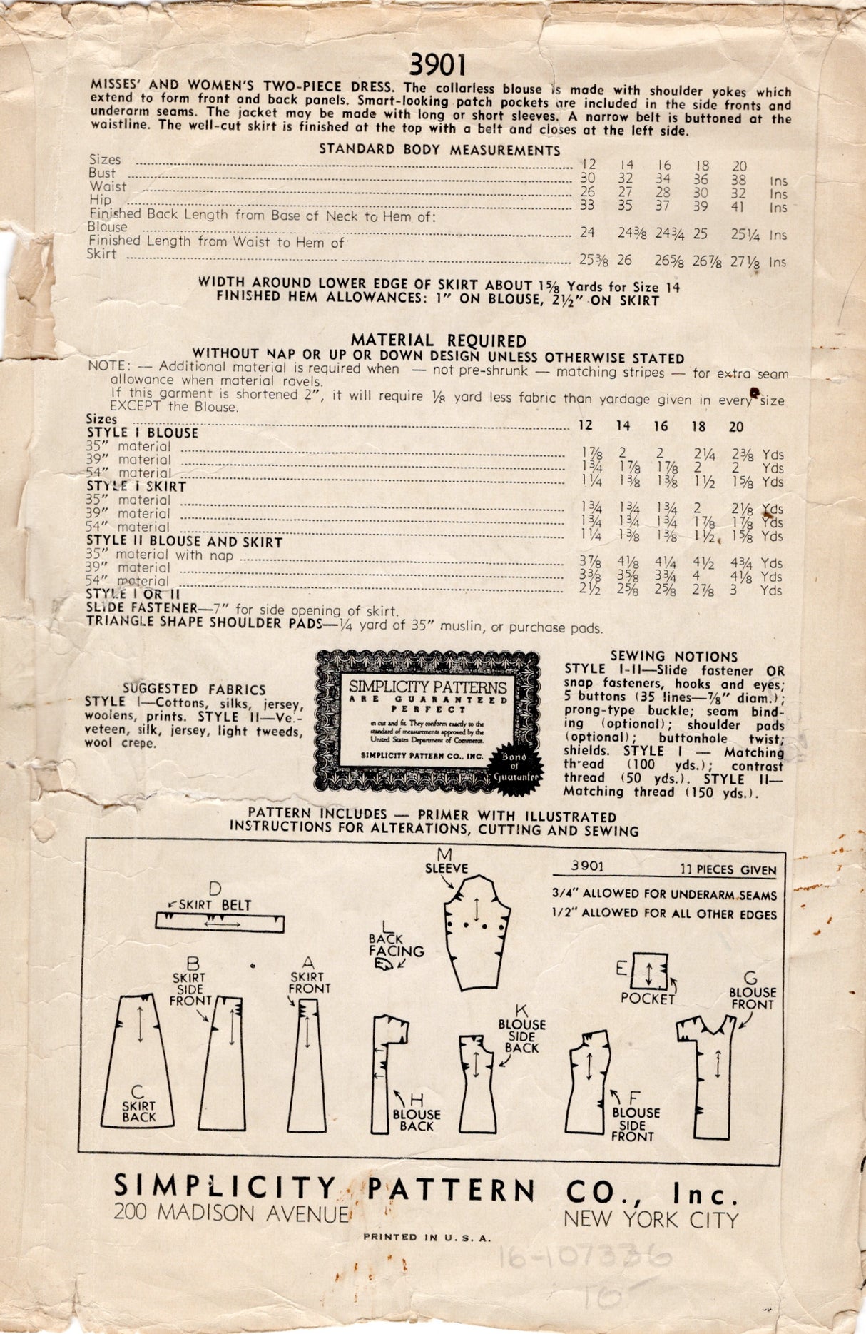 1940's Simplicity Two Piece Dress with T Yoke Detail - Bust 34" - No. 3901