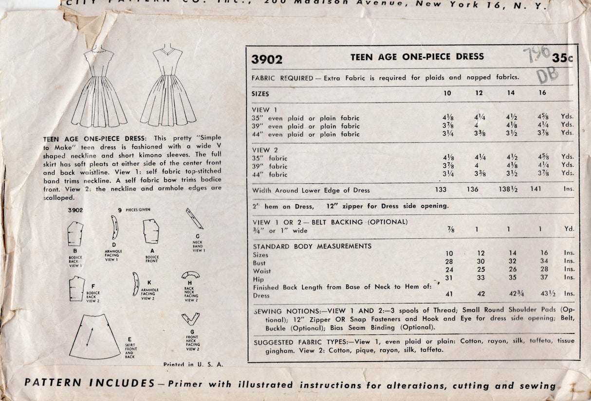 1950’s Simplicity One Piece Dress Pattern with Full Skirt and Scallop Neckline - Bust 30" - No. 3902