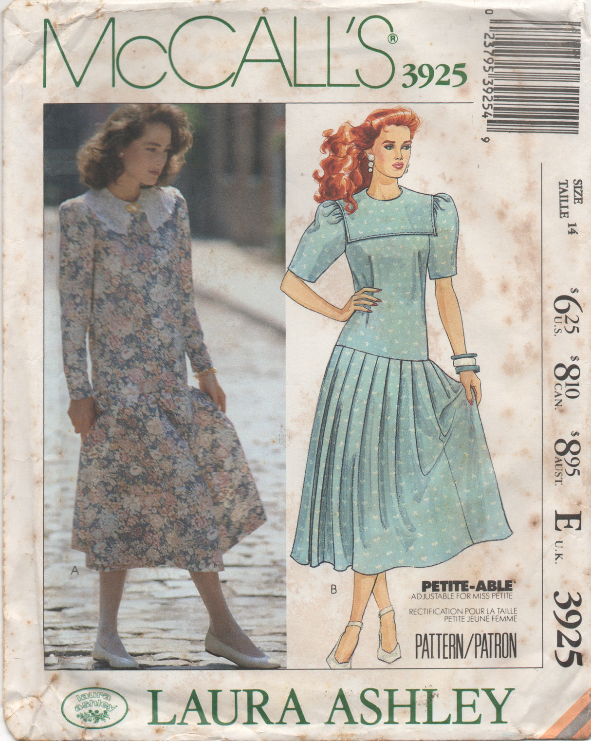 1980's McCall's Laura Ashley Drop Waist Dress with Pleated Skirt and Sailor Collar Pattern - Bust 36" - No. 3925