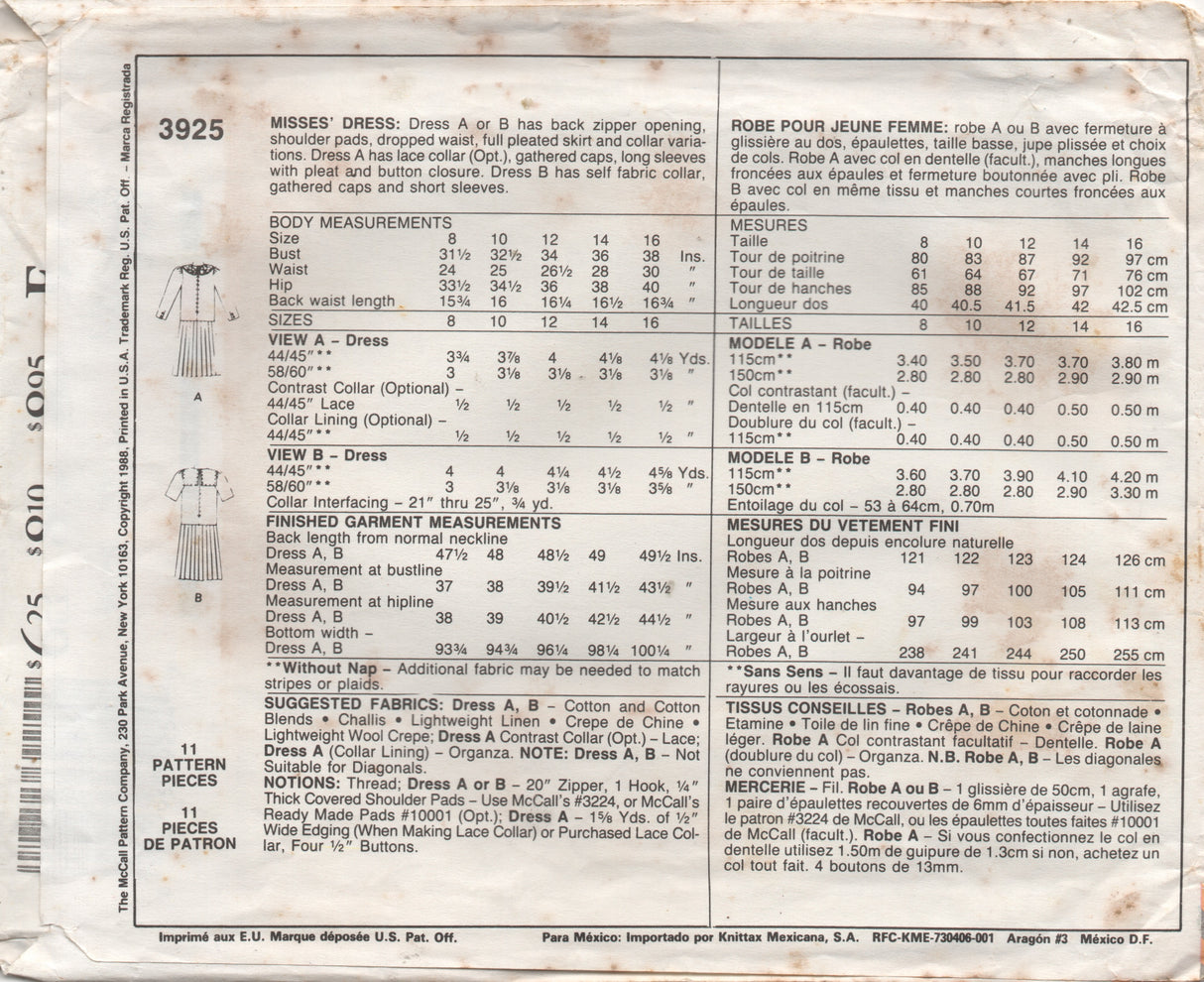 1980's McCall's Laura Ashley Drop Waist Dress with Pleated Skirt and Sailor Collar Pattern - Bust 36" - No. 3925