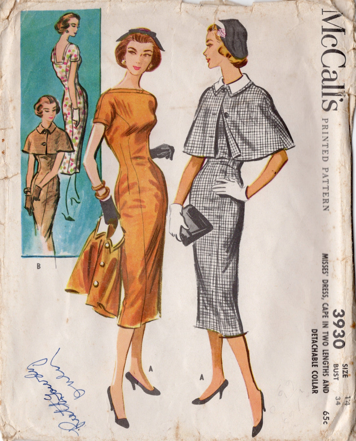 1950's McCall's Sheath Dress Pattern with High Neckline and Cape - Bust 34" - No. 3930