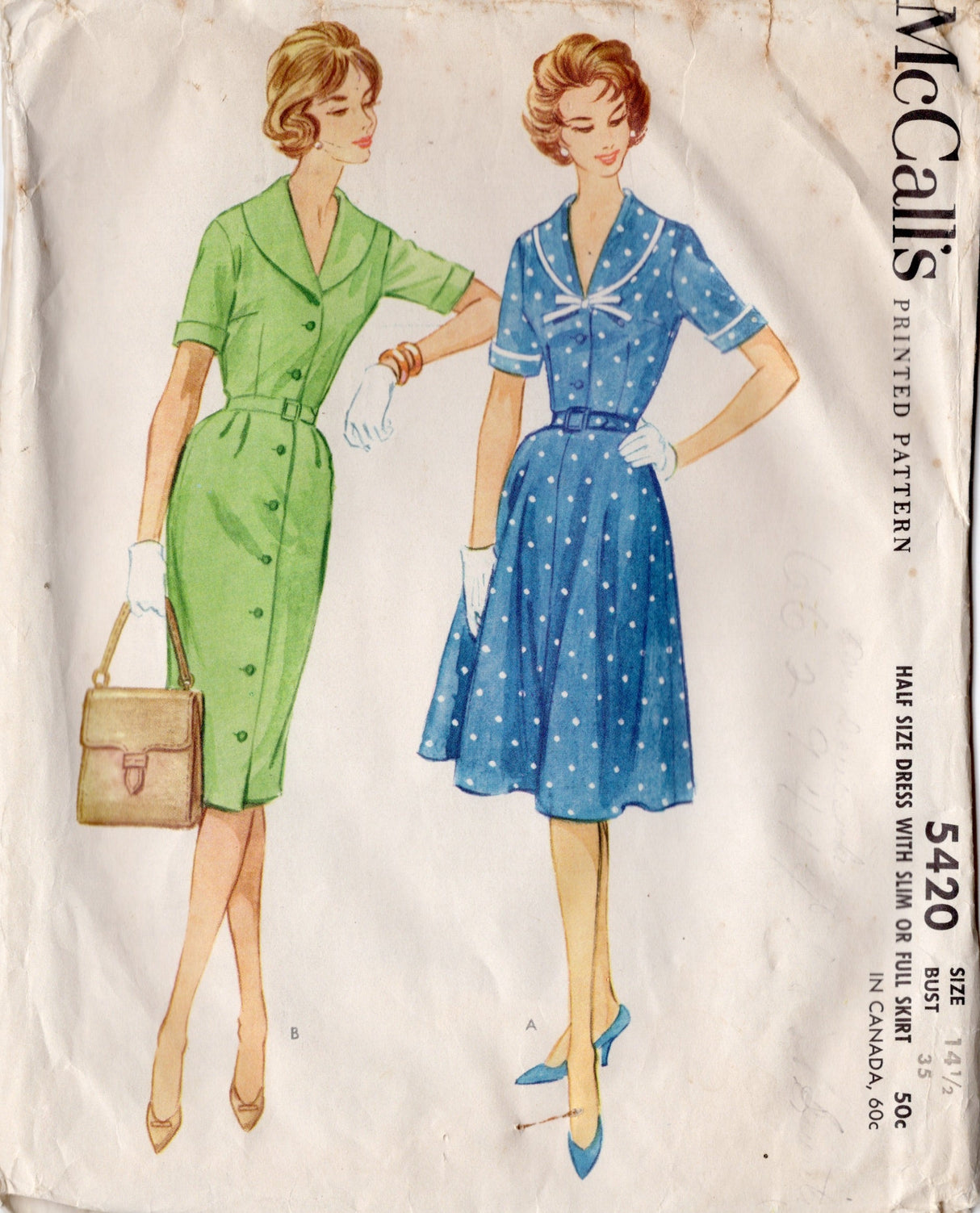 1960's McCall's Shirtwaist Slim Fit or Fit and Flare Dress pattern with Large Collar - Bust 35" - No. 5420