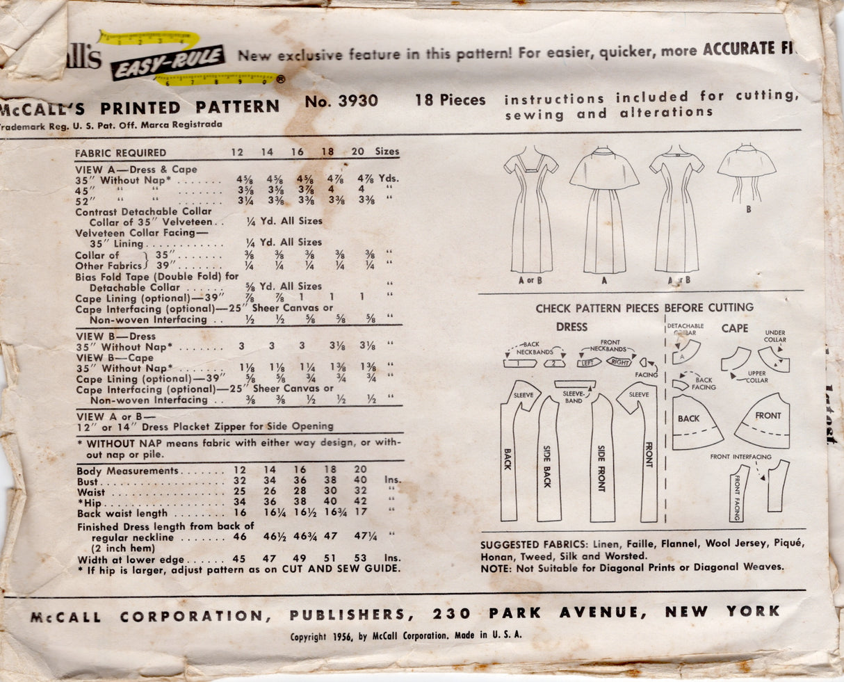 1950's McCall's Sheath Dress Pattern with High Neckline and Cape - Bust 34" - No. 3930