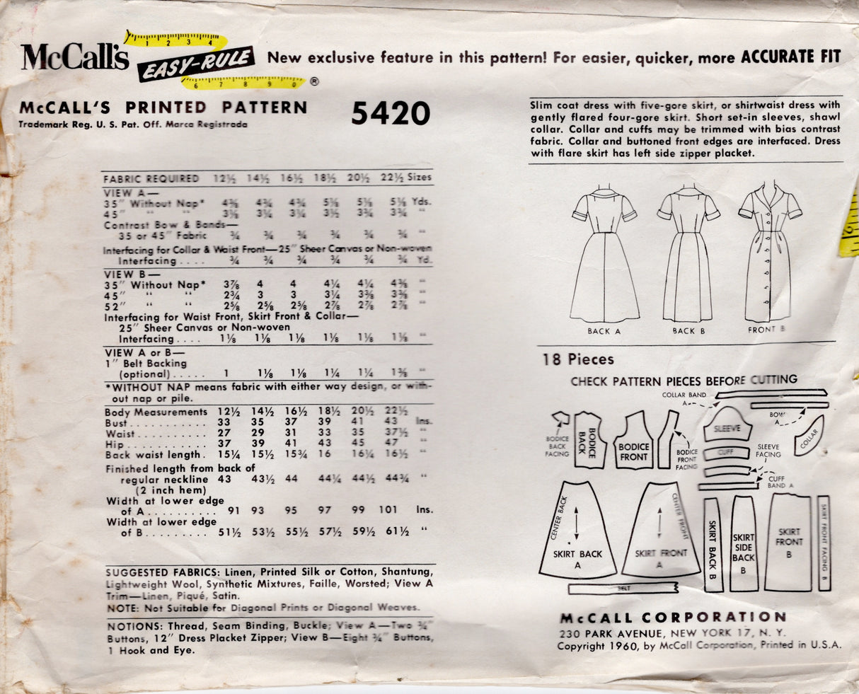 1960's McCall's Shirtwaist Slim Fit or Fit and Flare Dress pattern with Large Collar - Bust 35" - No. 5420
