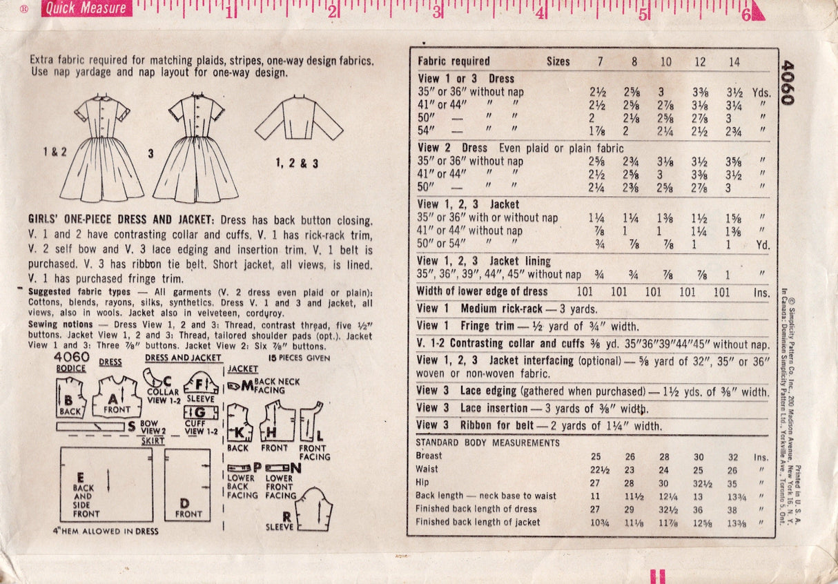 1960's Simplicity Child's One Piece Dress and Jacket - Chest 28" - No. 4060