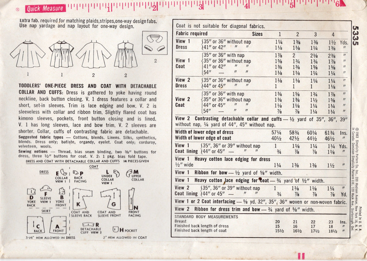 1960's Simplicity Toddlers Dress and Jacket Pattern – Chest 20" - No. 5335