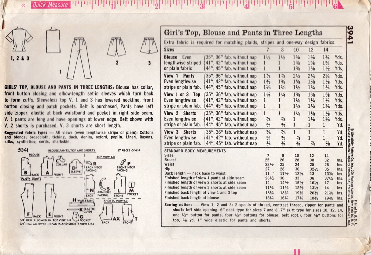1960's Simplicity Child’s Blouse, Shorts, and Pants Pattern – Chest 30” - No. 3941
