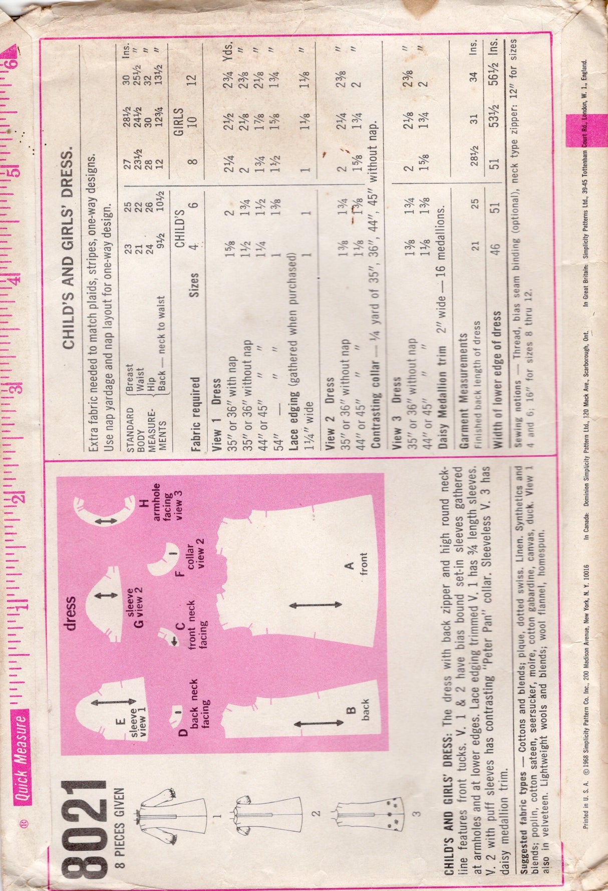 1960's Simplicity Child’s Tucked Front Dress Pattern - Chest 25" - No. 8021