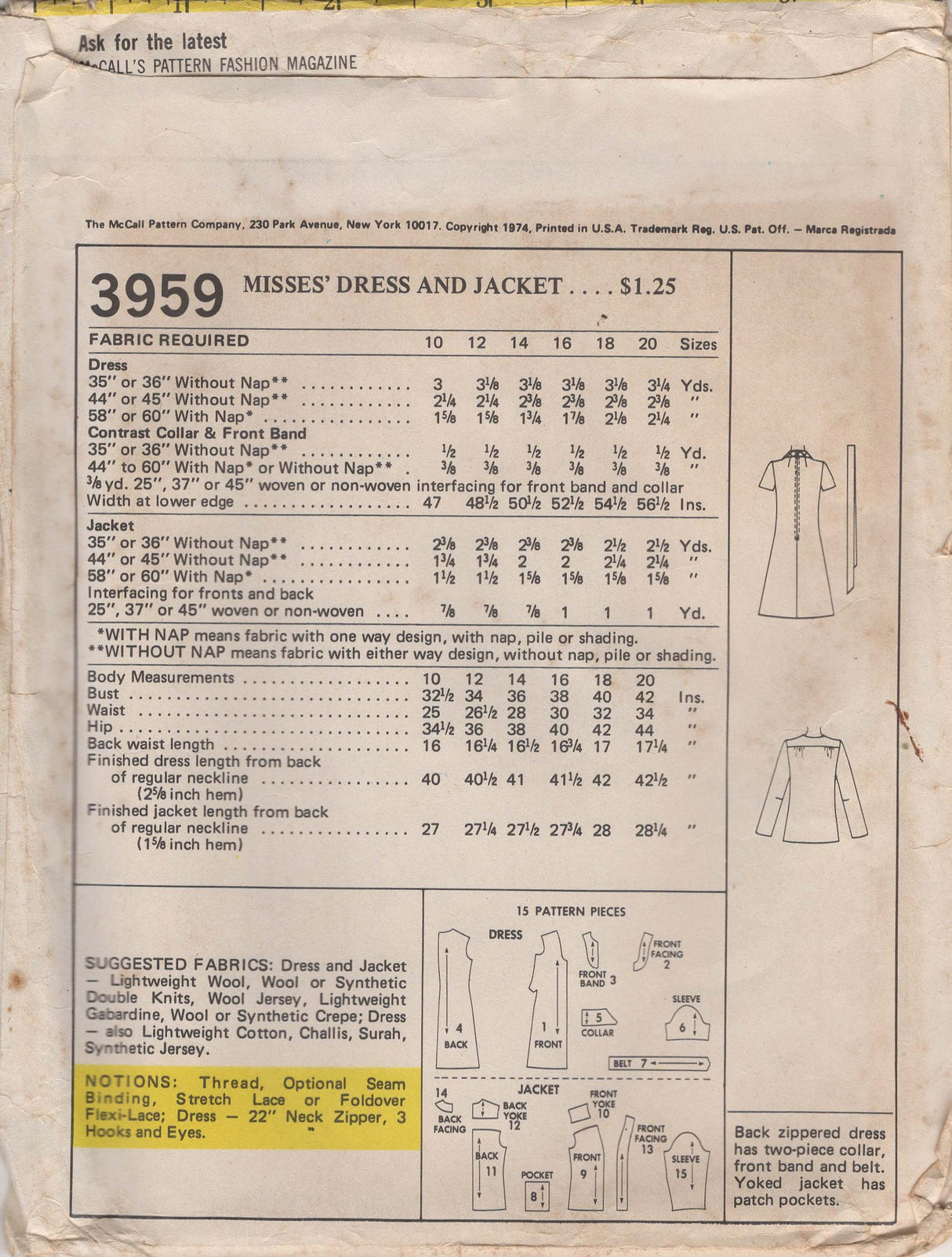 1970's McCall's Dress and Jacket Pattern - Bust 36" - No. 3959