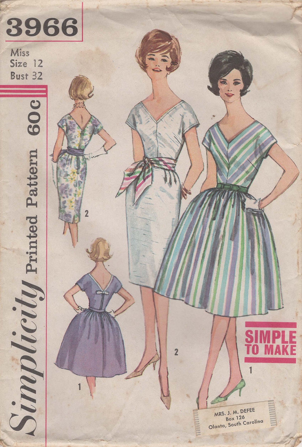 1960's Simplicity V-Neck One Piece Dress with Slim or Full Skirt - Bust 32" - No. 3966