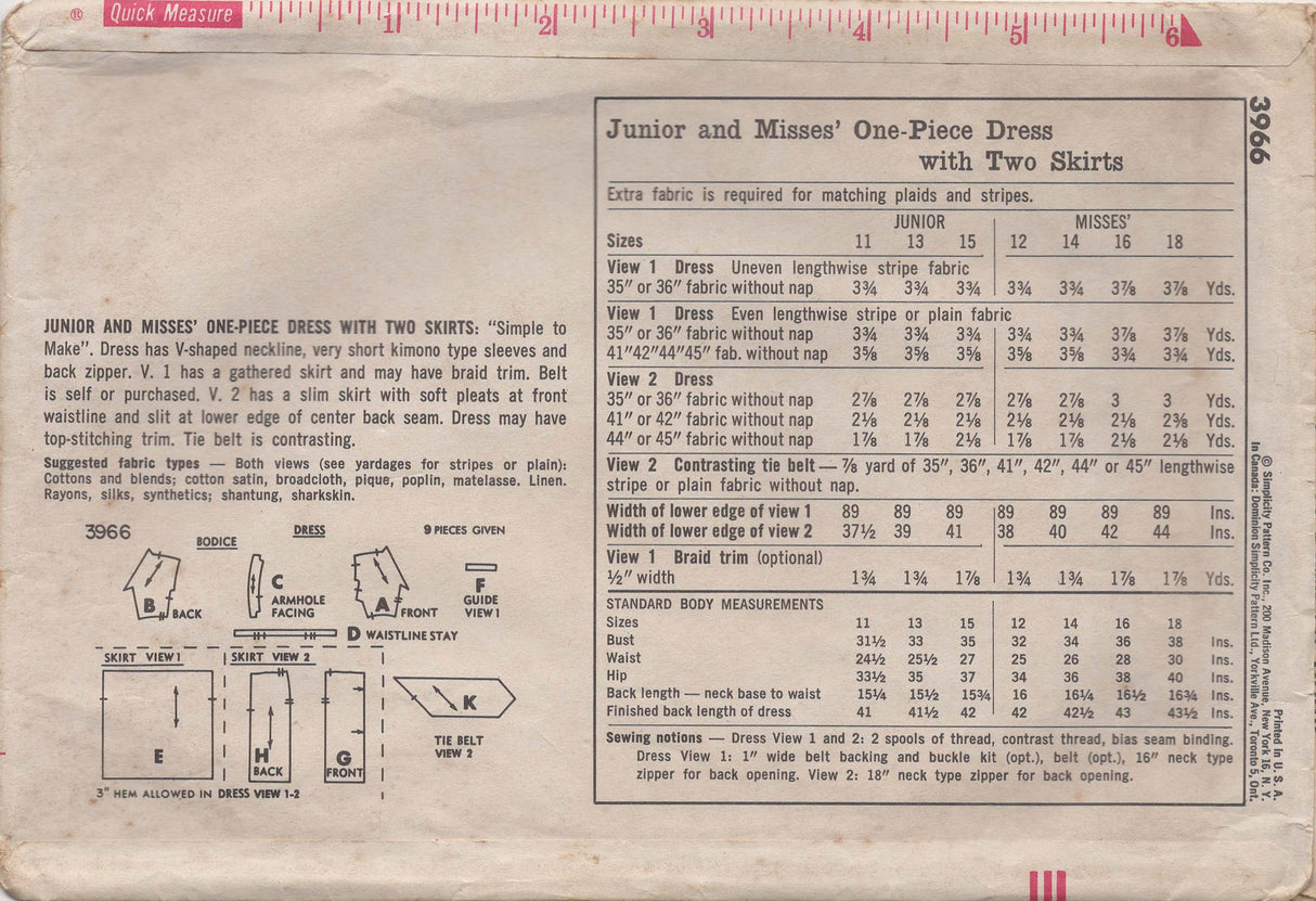 1960's Simplicity V-Neck One Piece Dress with Slim or Full Skirt - Bust 32" - No. 3966