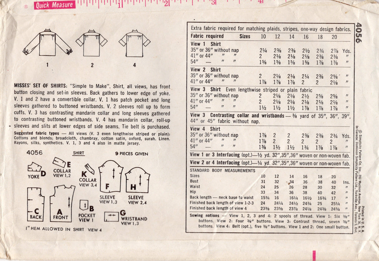1960’s Simplicity Button Up Blouse Pattern - Bust 34" - No. 4056