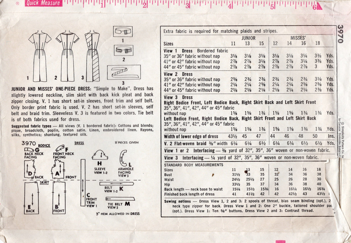 1960's Simplicity Sheath Dress and Belt Pattern - Bust 34" - No. 3970