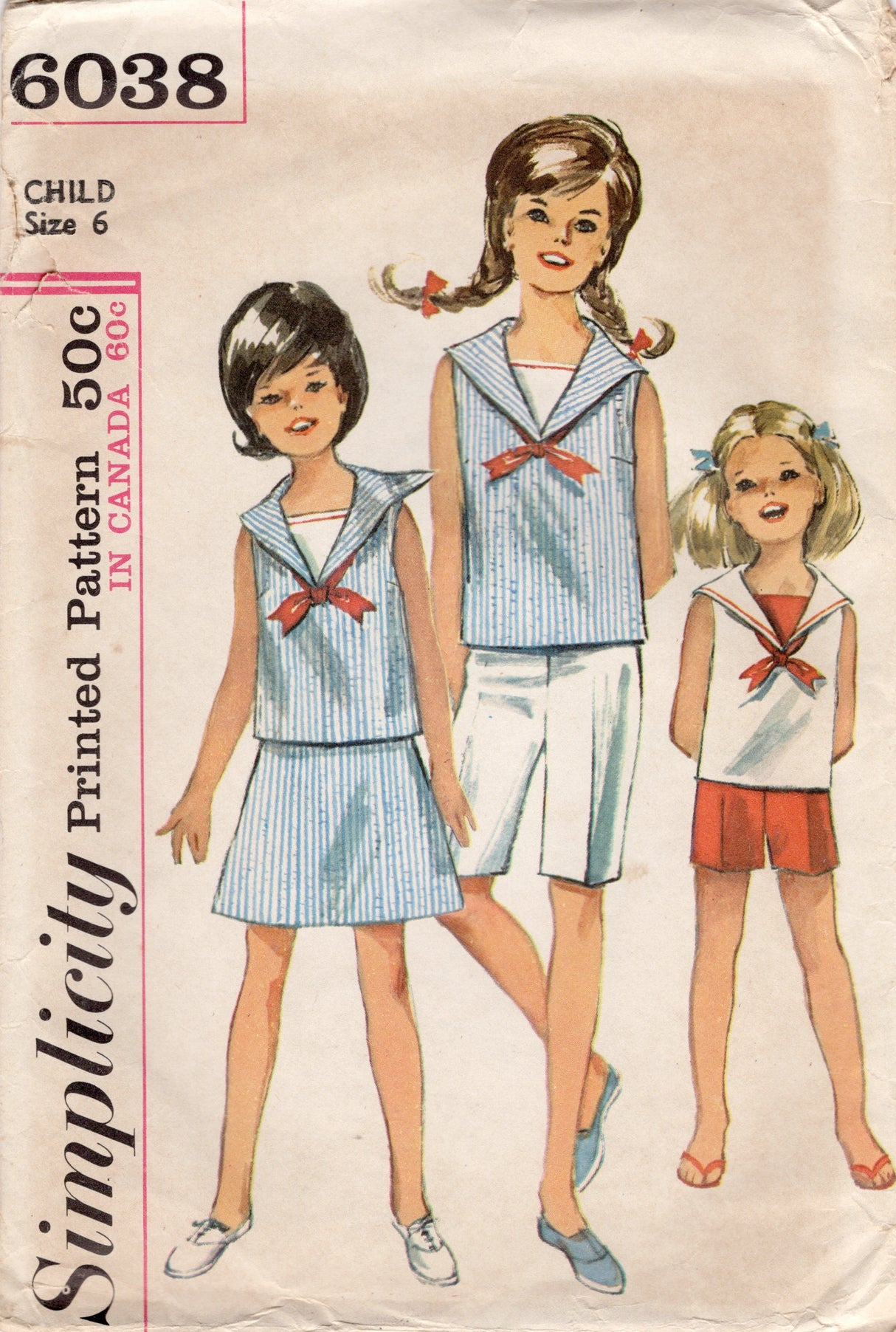 1960's Simplicity Child's Sailor Collar Blouse, Shorts and Skirt Pattern - Chest 24" - No. 6038