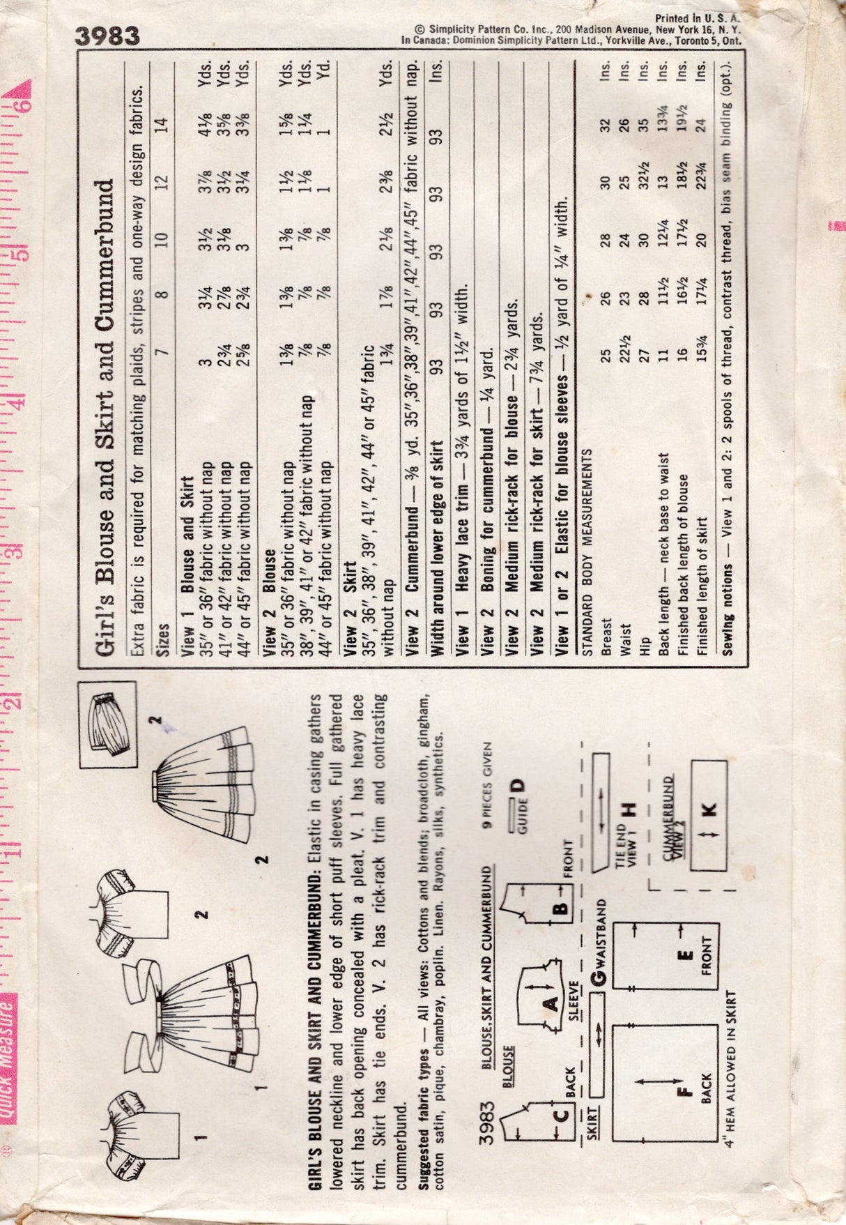 1960's Simplicity Child’s Blouse, Skirt and Cummerbund Pattern – Chest 30” - No. 3983