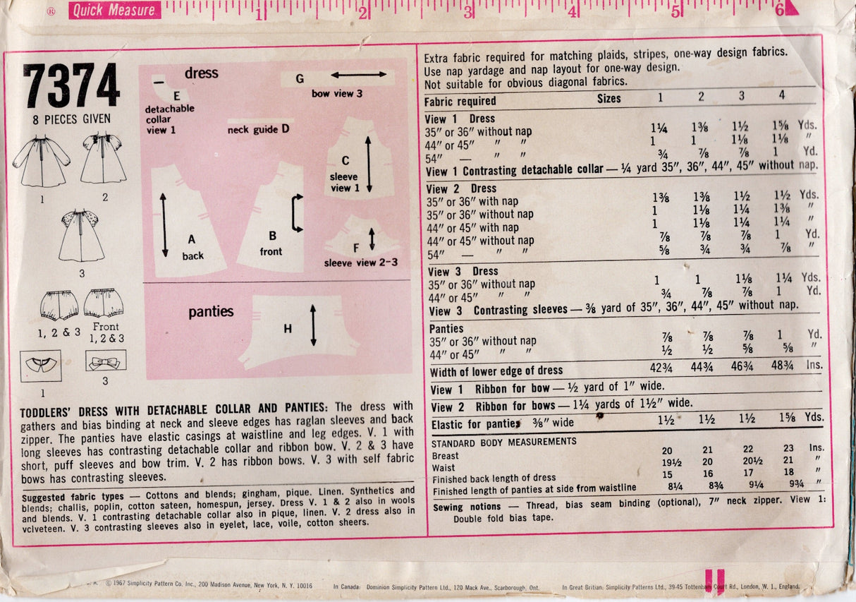 1960's Simplicity Child’s Raglan Sleeve Dress and Panties Pattern - Chest 21" - No. 7374