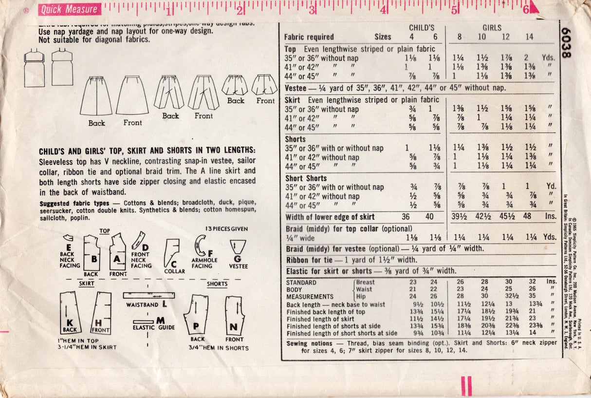 1960's Simplicity Child's Sailor Collar Blouse, Shorts and Skirt Pattern - Chest 24" - No. 6038