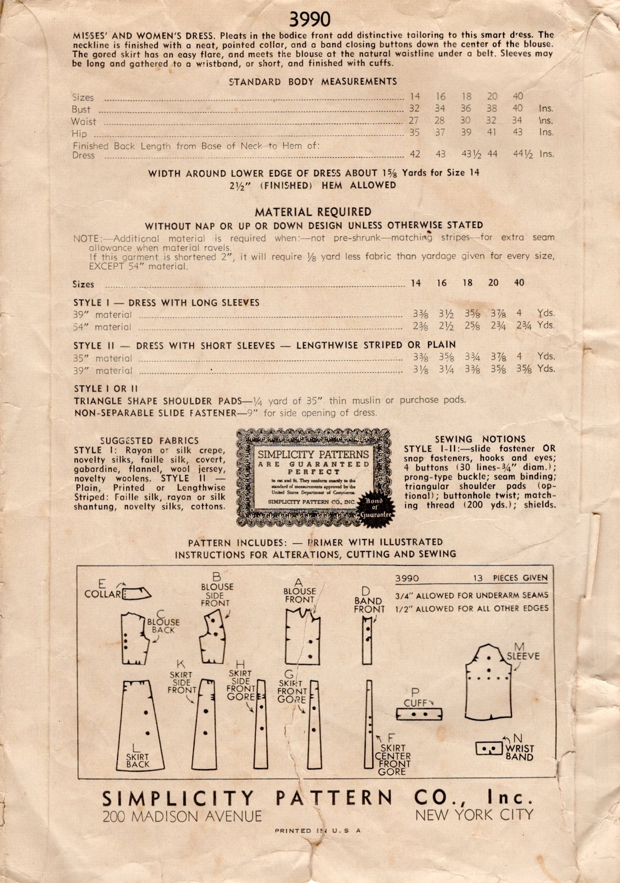 1940's Simplicity Tucked Front Shirtwaist Dress - Bust 38" - No. 3990