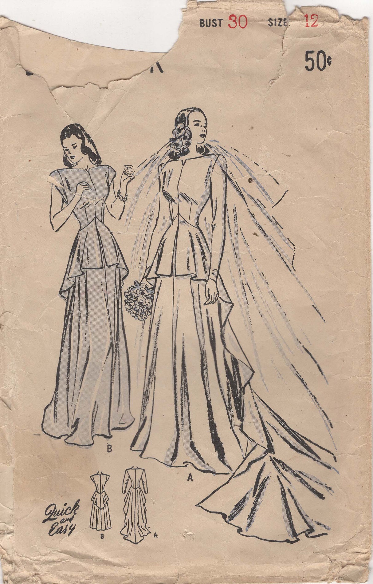 1940's Butterick Wedding Dress - Bust 30" - No. 3990