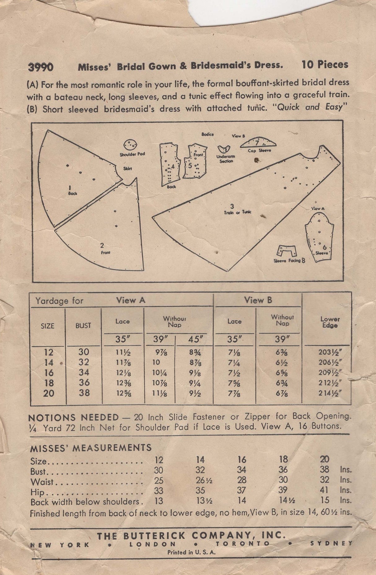 1940's Butterick Wedding Dress - Bust 30" - No. 3990