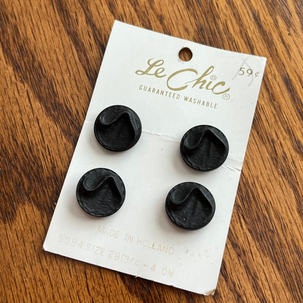 1970’s Le Chic Black Plastic Shank Buttons - Set of 4 - Size 28 - 3/4" - on card