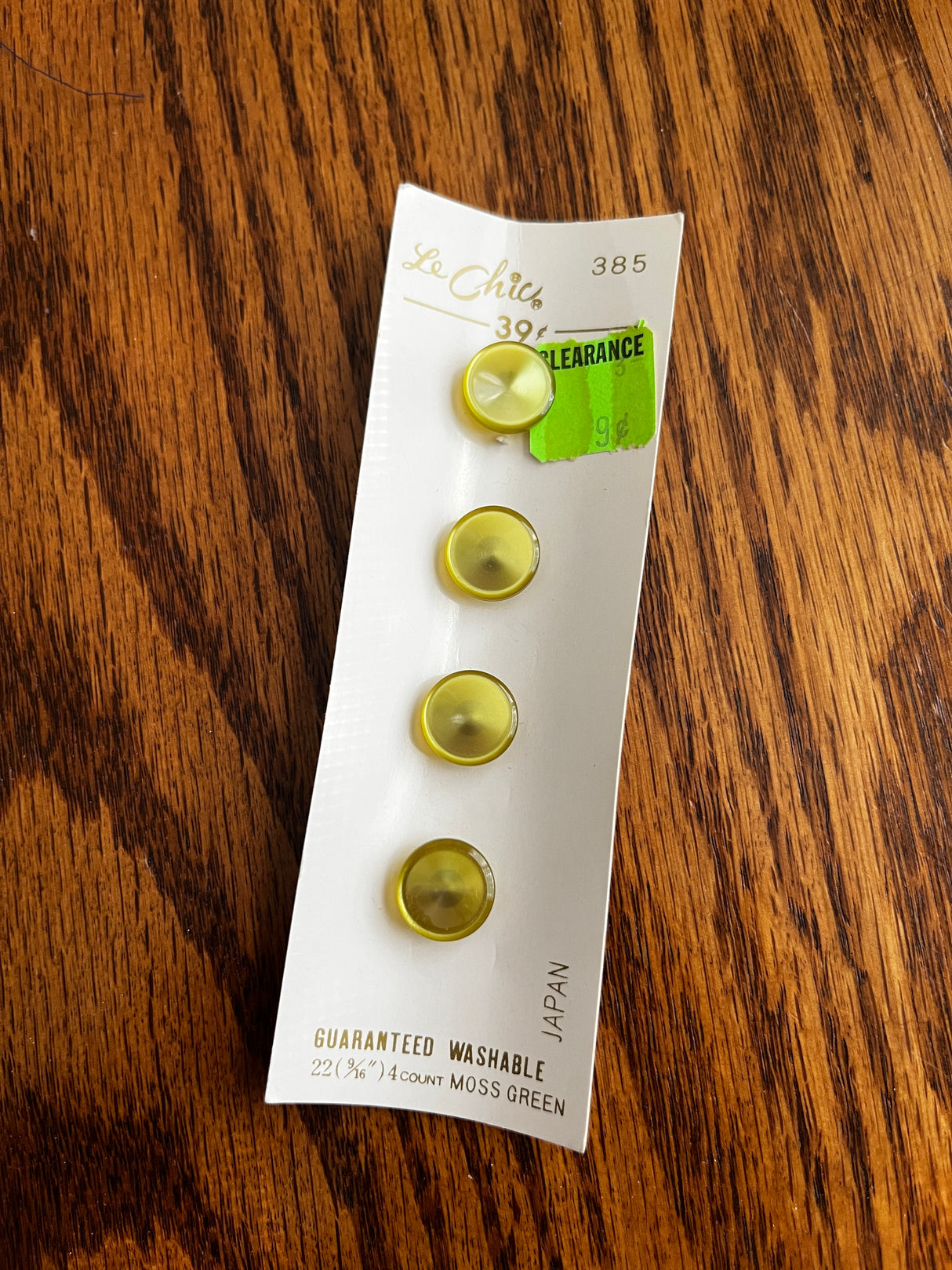 1980’s Le Chic Moss Green Pearlescent Plastic Flat Top Shank Buttons - 9/16" - on card