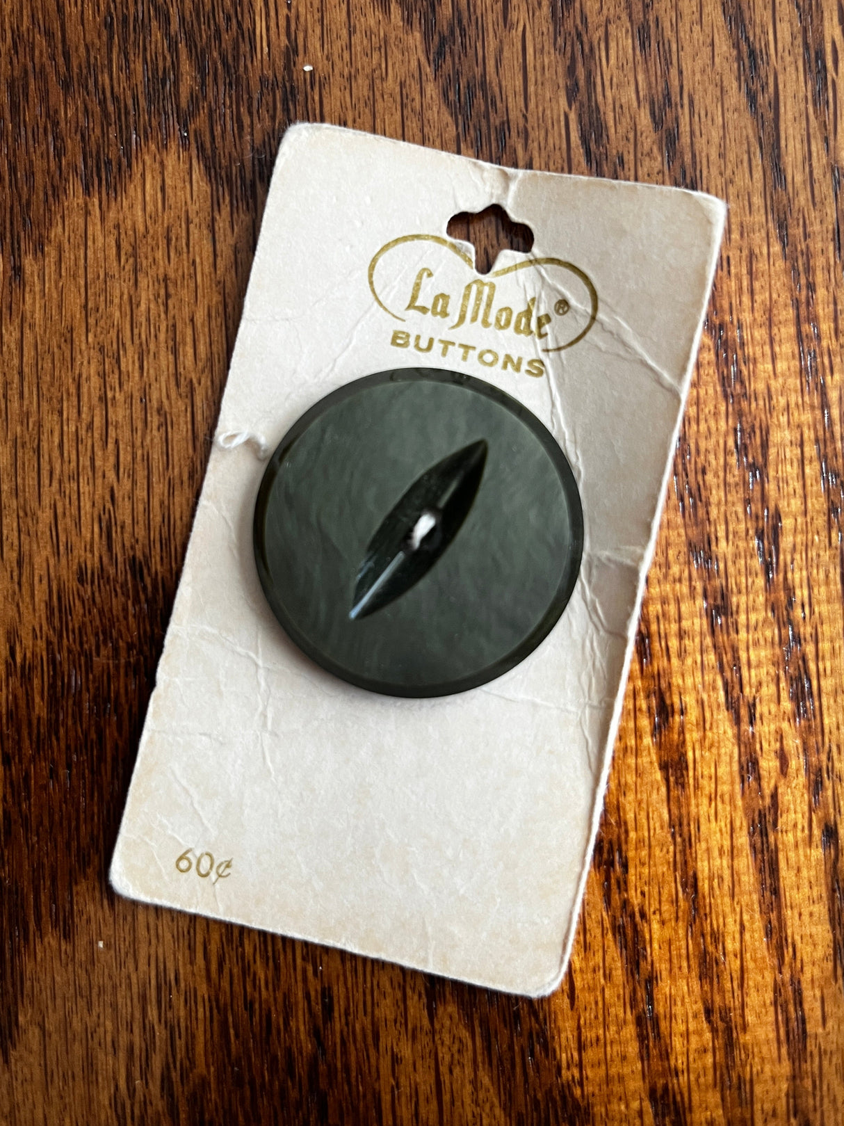 1960’s La Mode Olive Green Coat Plastic Button - Set of 1 - 1 3/8" - on card