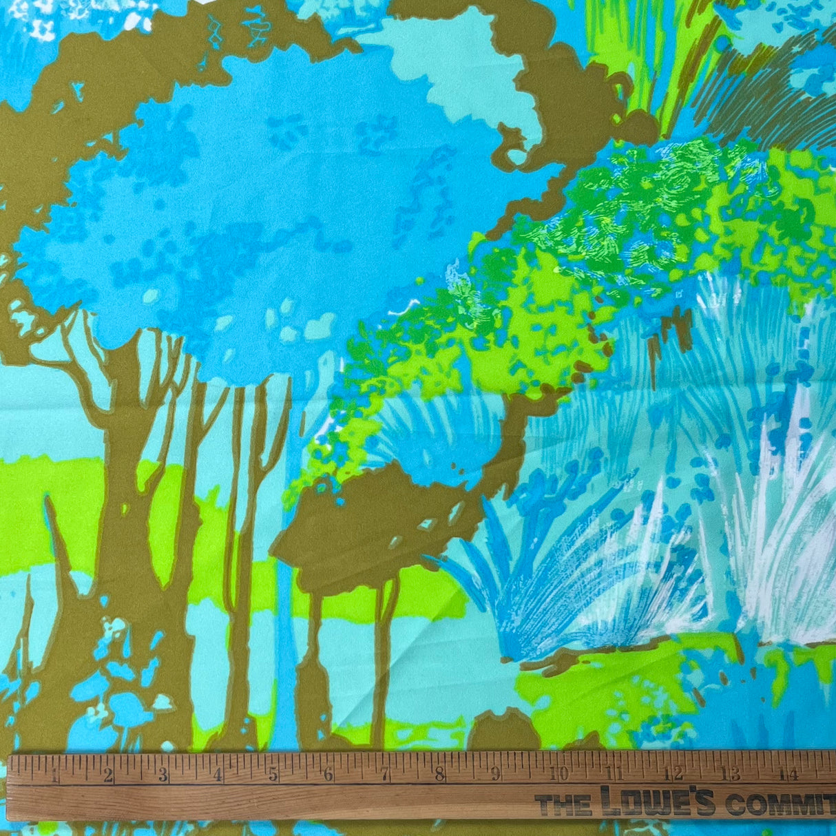 1970’s Bright Green and Blue Tree and Floral Border Print “Satinessa” Fabric - Piece (P163)