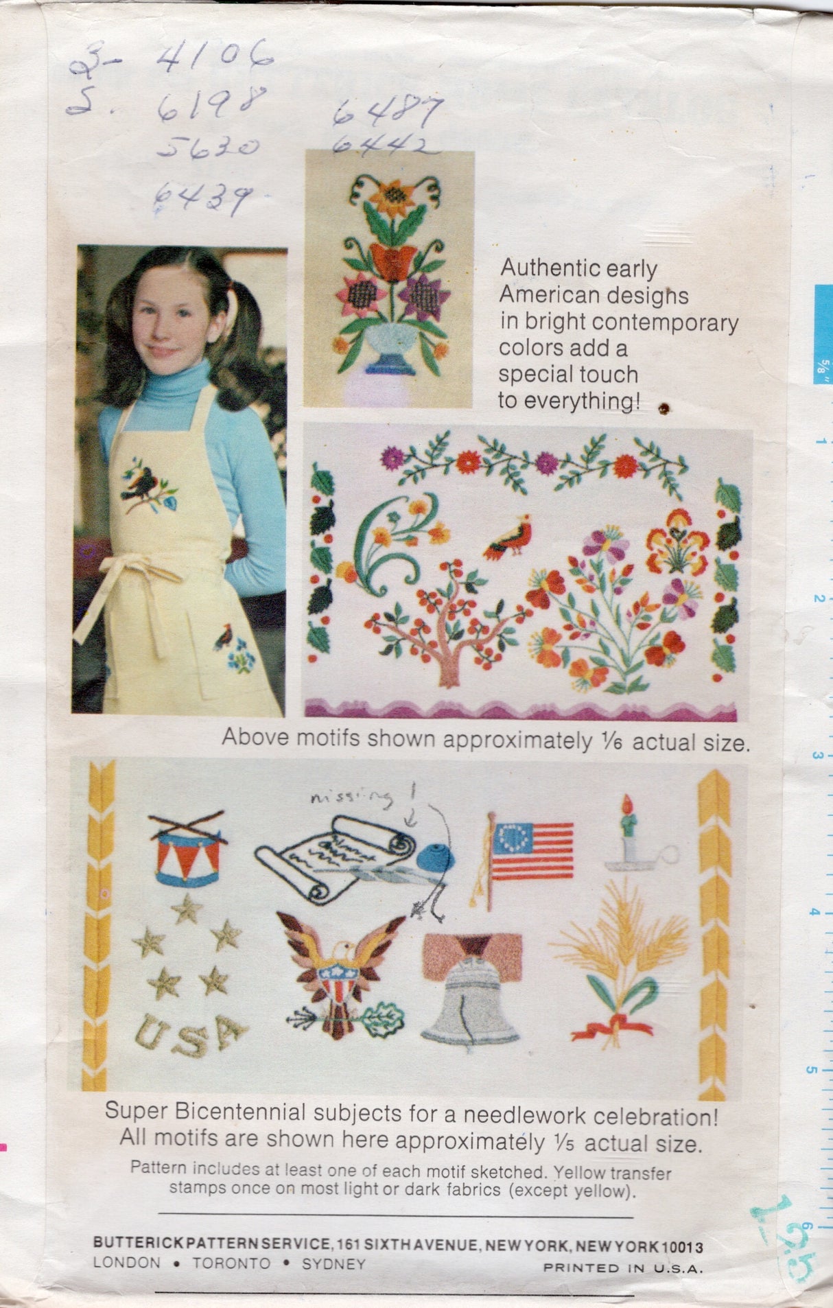 1970's Butterick Americana Embroidery Transfer - One Size - No. 4308