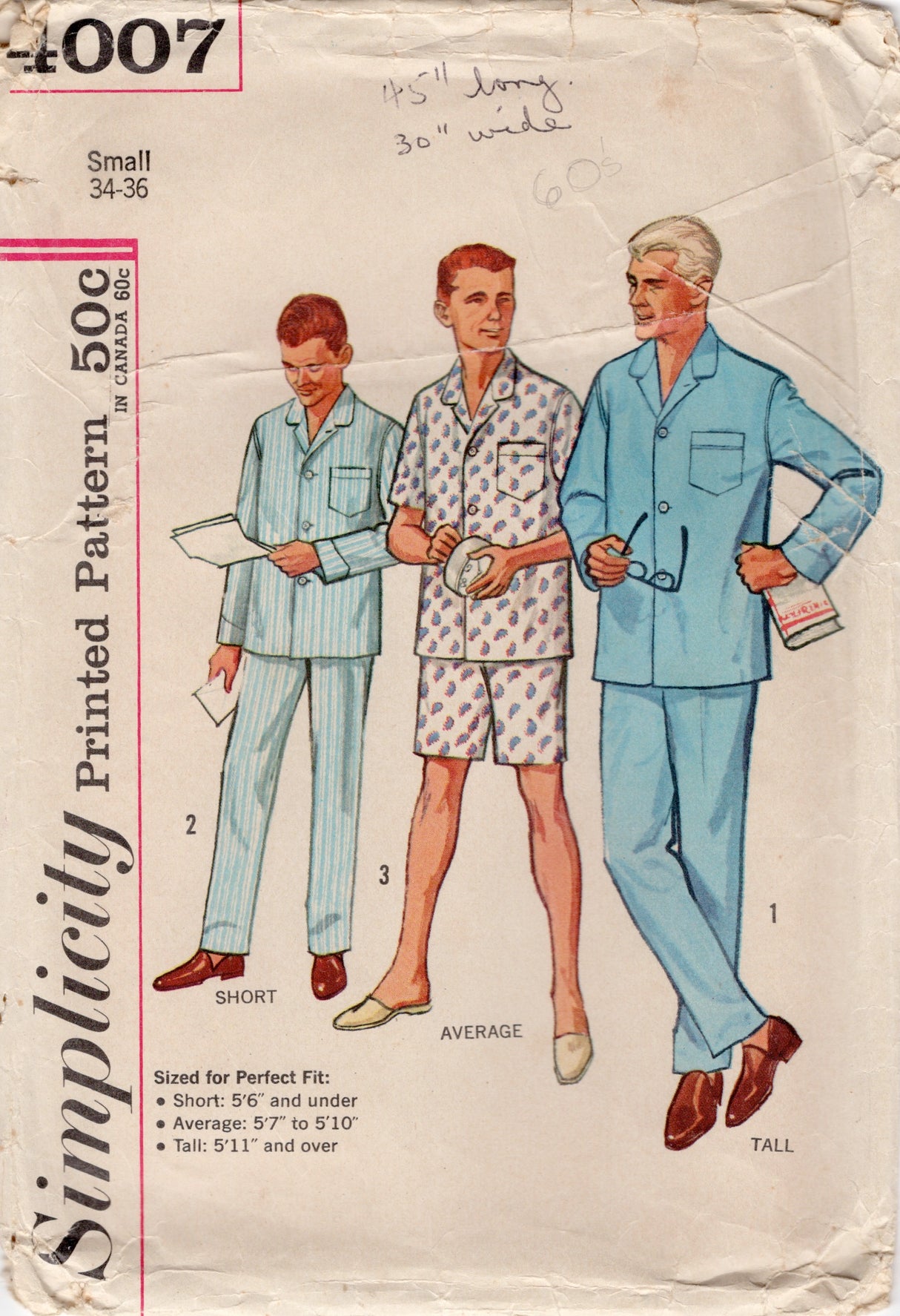 1960's Simplicity Men's Two Piece Pajama Set Pattern - Chest 34-36" - No. 4007