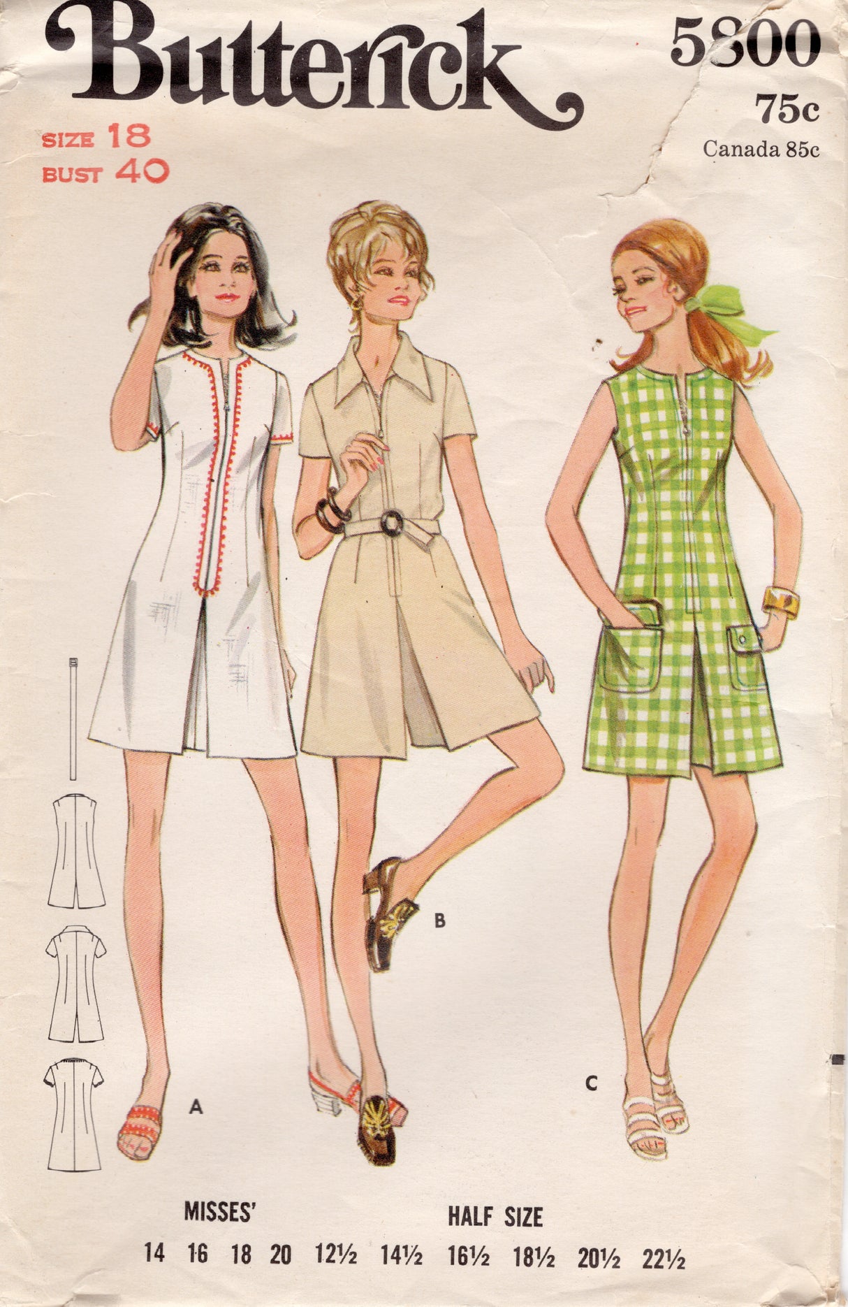 1970's Butterick Front Zip Dress or PantsDress (Romper) Pattern - Bust 40" - No. 5800