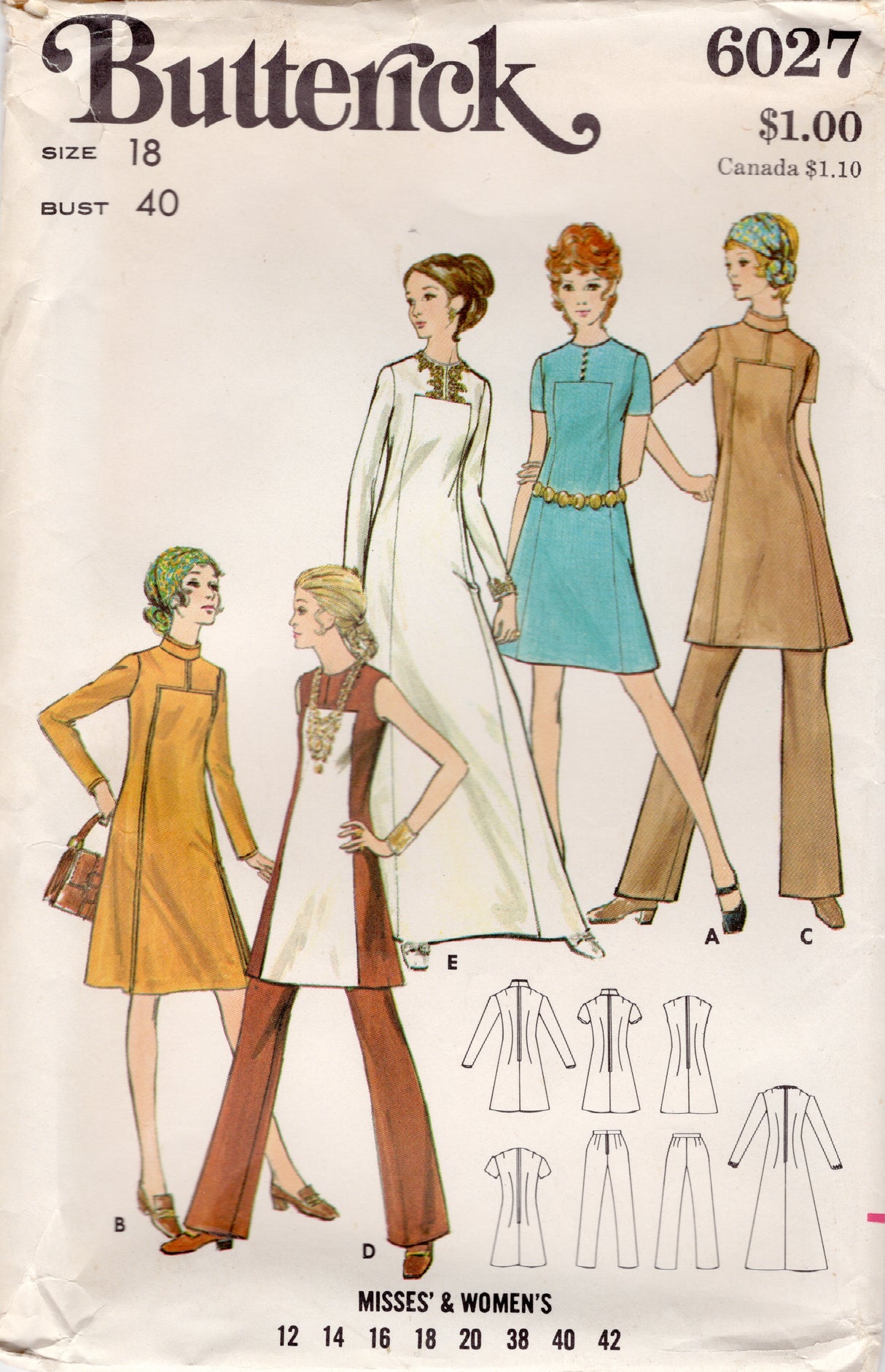 1970's Butterick Midi or Maxi Dress with Accent Panel and Pants Pattern - Bust 40" - No. 6027
