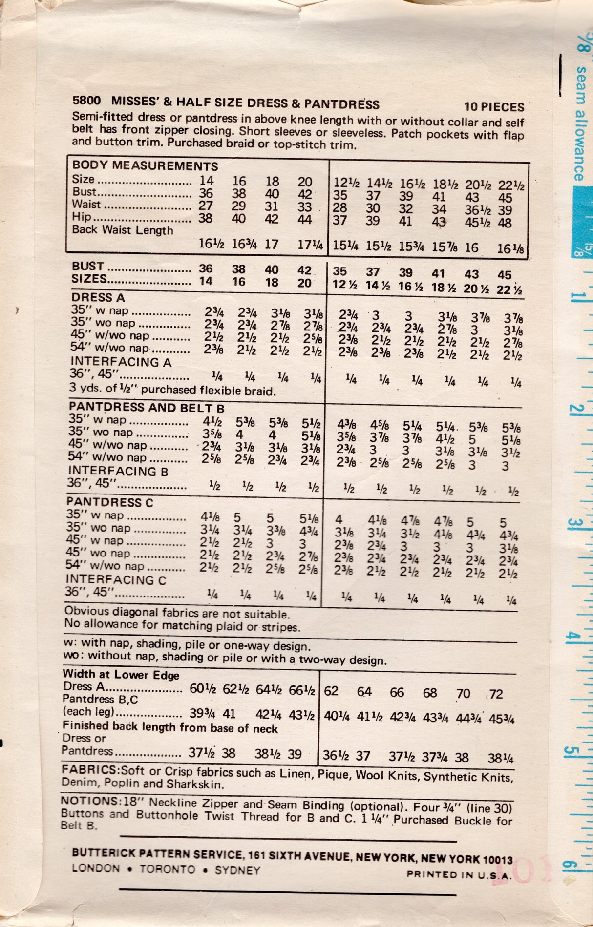 1970's Butterick Front Zip Dress or PantsDress (Romper) Pattern - Bust 40" - No. 5800