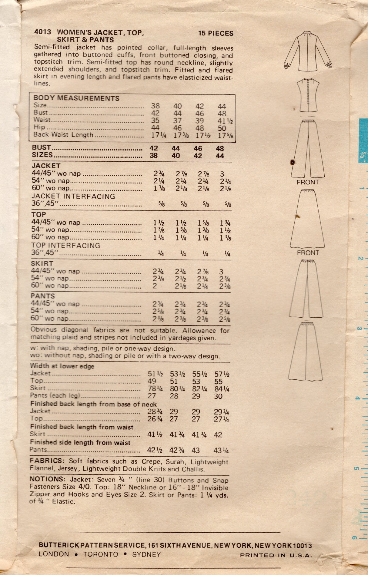 1970's Butterick Jacket, Top, Skirt and Pants Pattern - Bust 44" - No. 4013