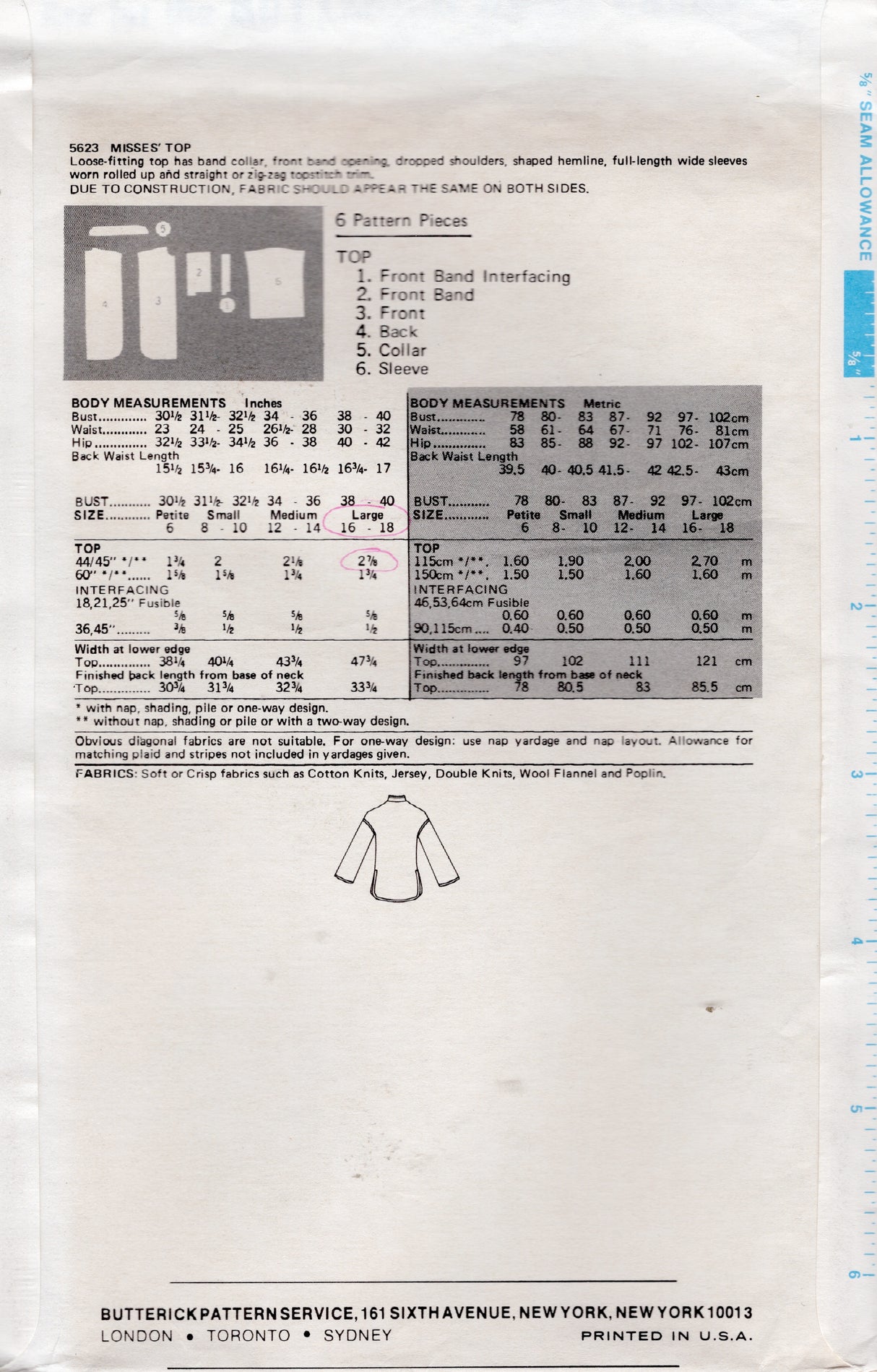 1970's Butterick Pullover Top Pattern - Bust 38-40" - No. 5623