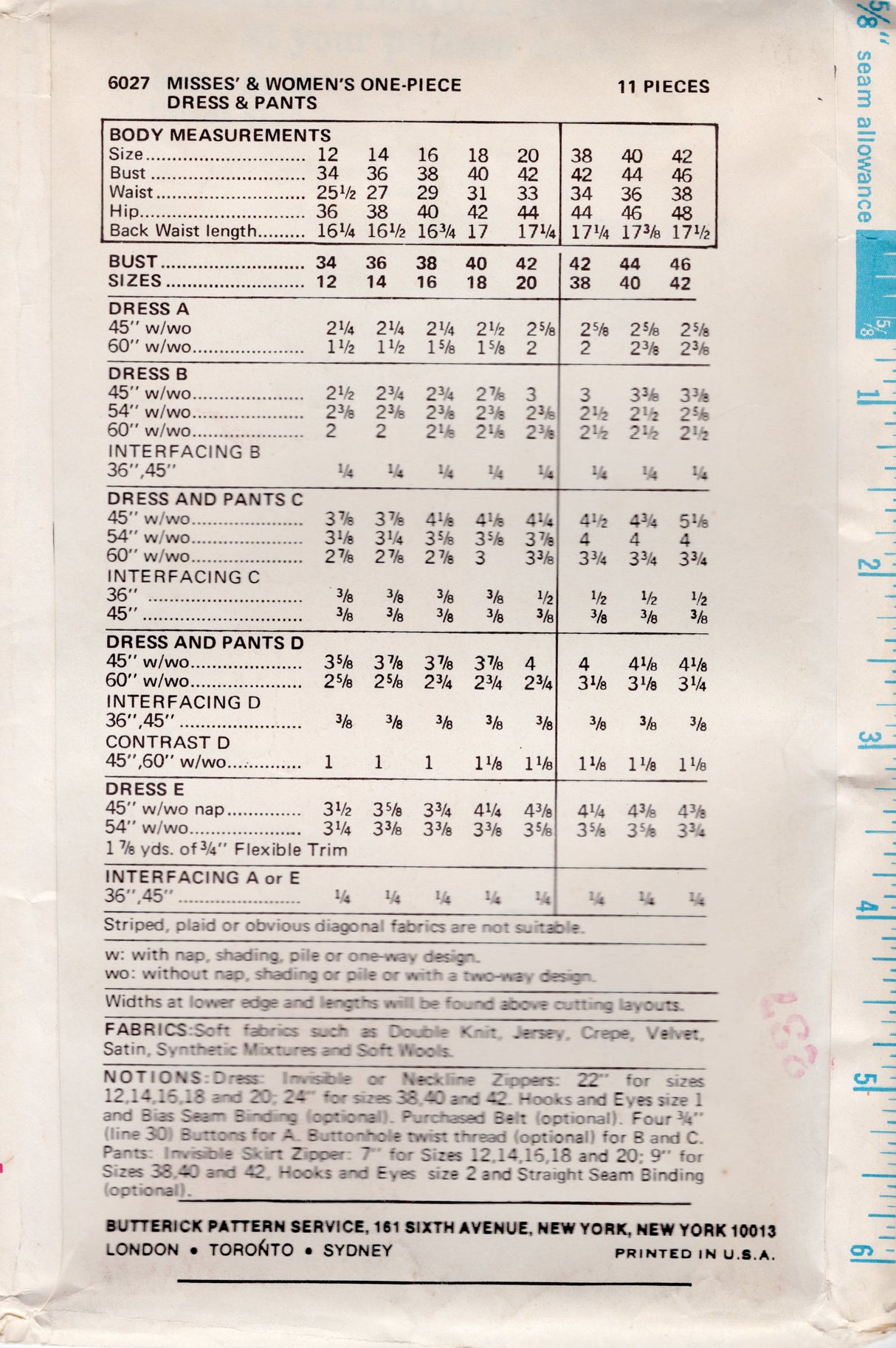 1970's Butterick Midi or Maxi Dress with Accent Panel and Pants Pattern - Bust 40" - No. 6027