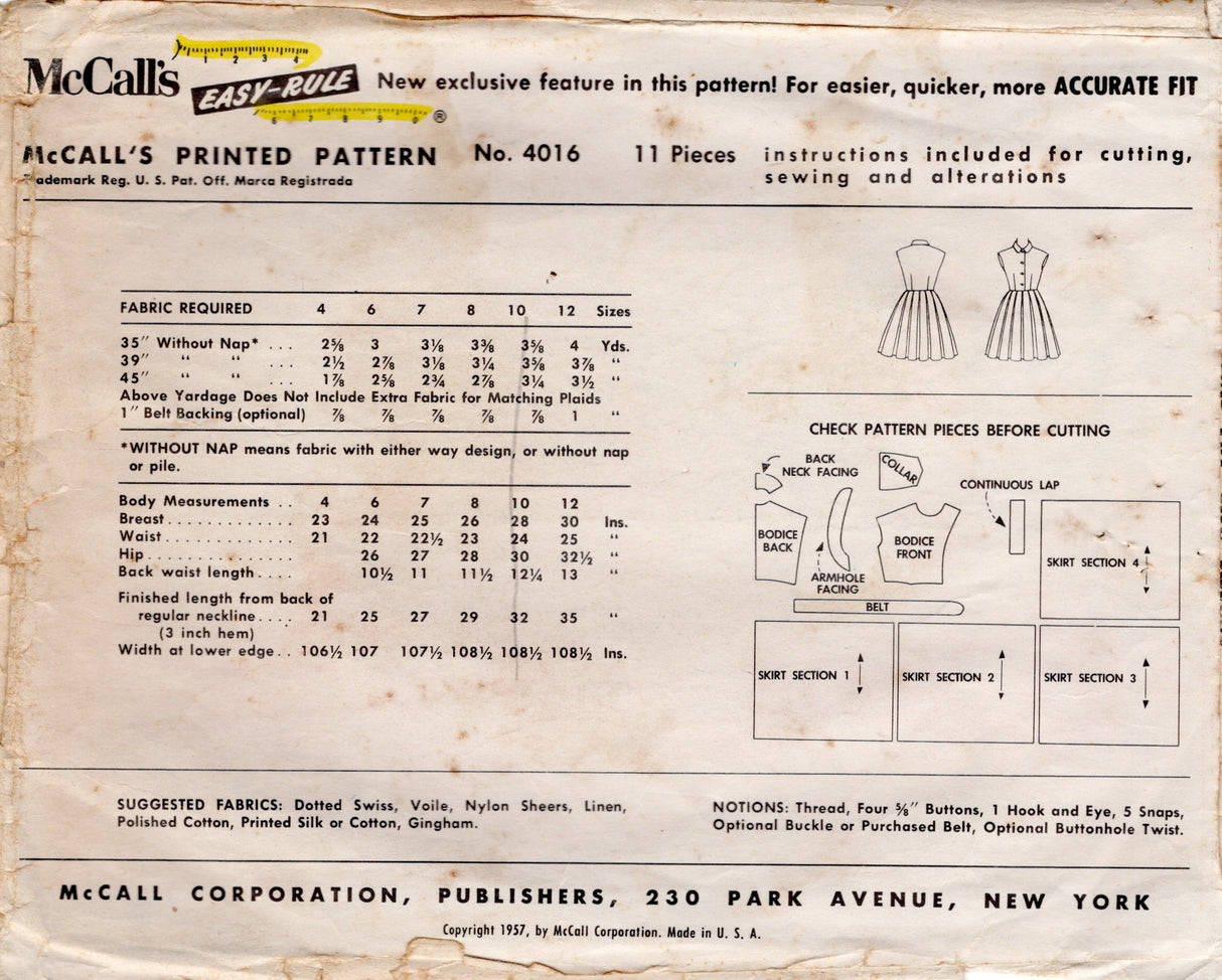 1950's McCall's Child's Fit and Flare Shirtwaist Dress Pattern - Chest 28" - No. 4016