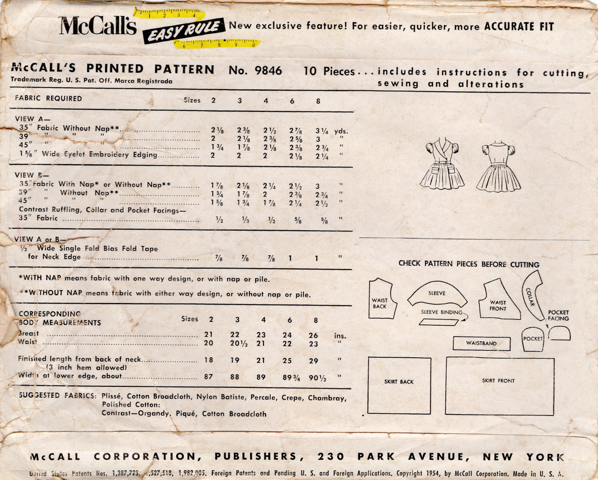 1950's McCall's Child's Wrap Front Dress Pattern with Puff Sleeves - Chest 26" - No. 9846