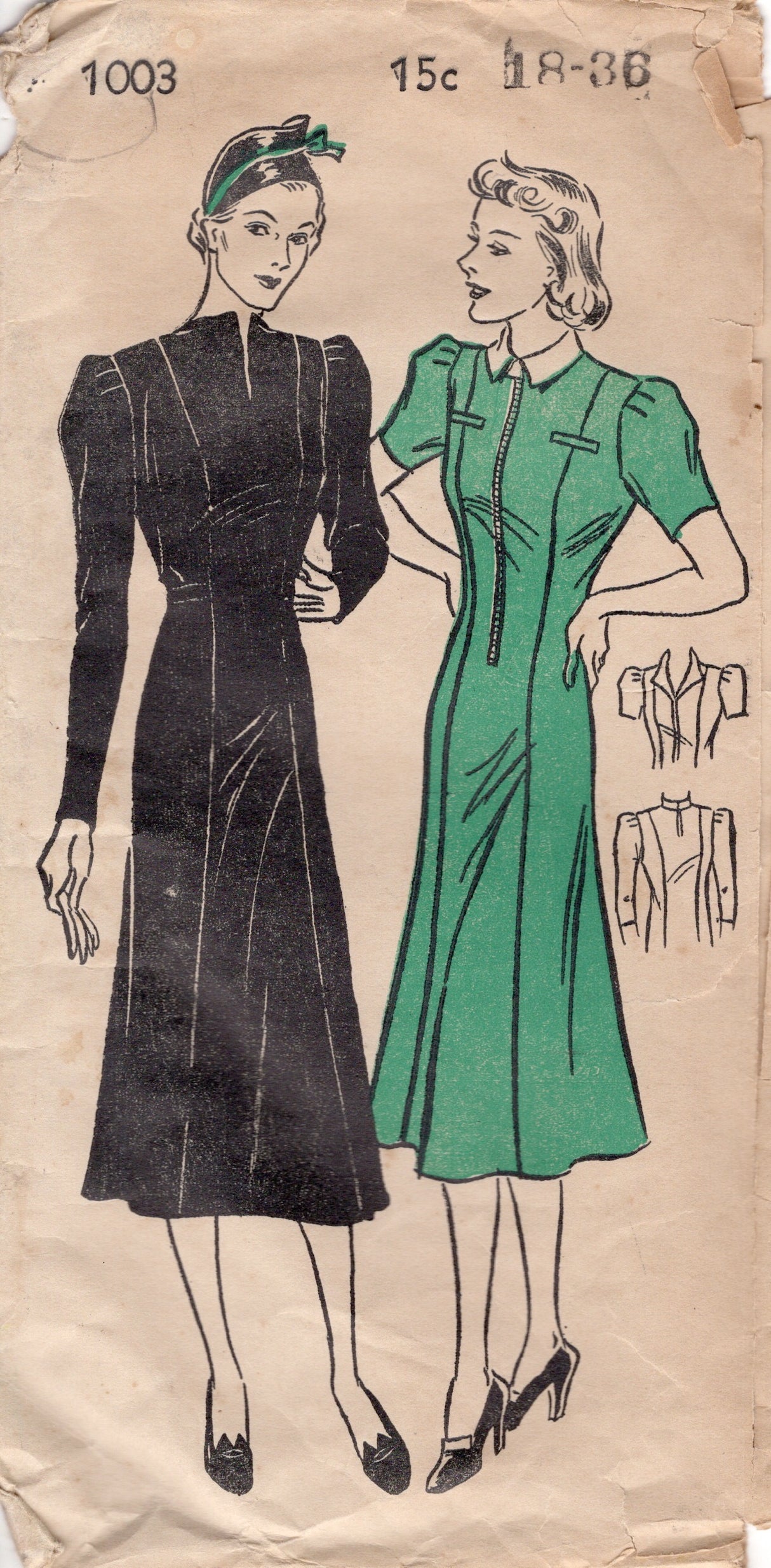 1930's New York Princess Line Zip Front Dress Pattern with Short or Long Sleeves - Bust 36" - No. 1003