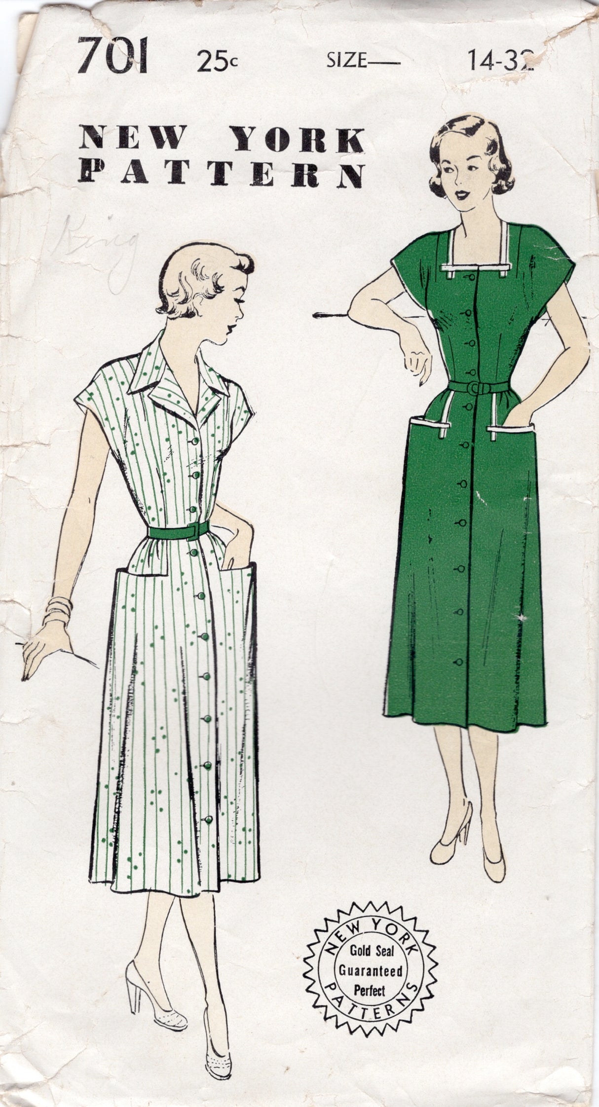 1950's New York One Piece Dress with Inset Pockets and Two Necklines - Bust 32" - No. 701