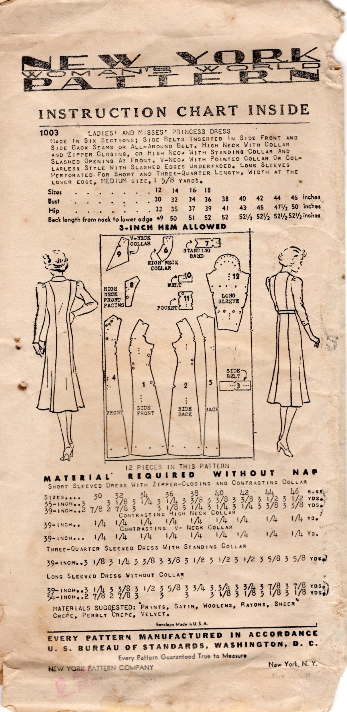 1930's New York Princess Line Zip Front Dress Pattern with Short or Long Sleeves - Bust 36" - No. 1003