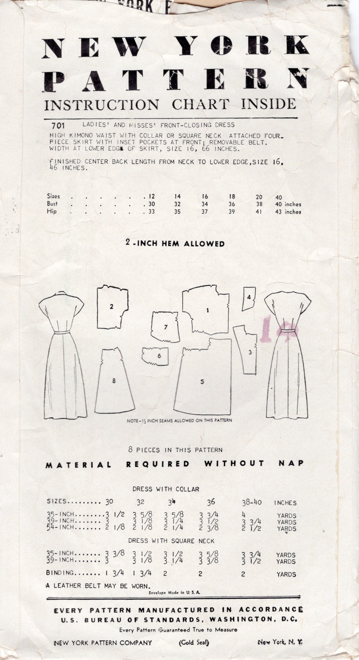 1950's New York One Piece Dress with Inset Pockets and Two Necklines - Bust 32" - No. 701