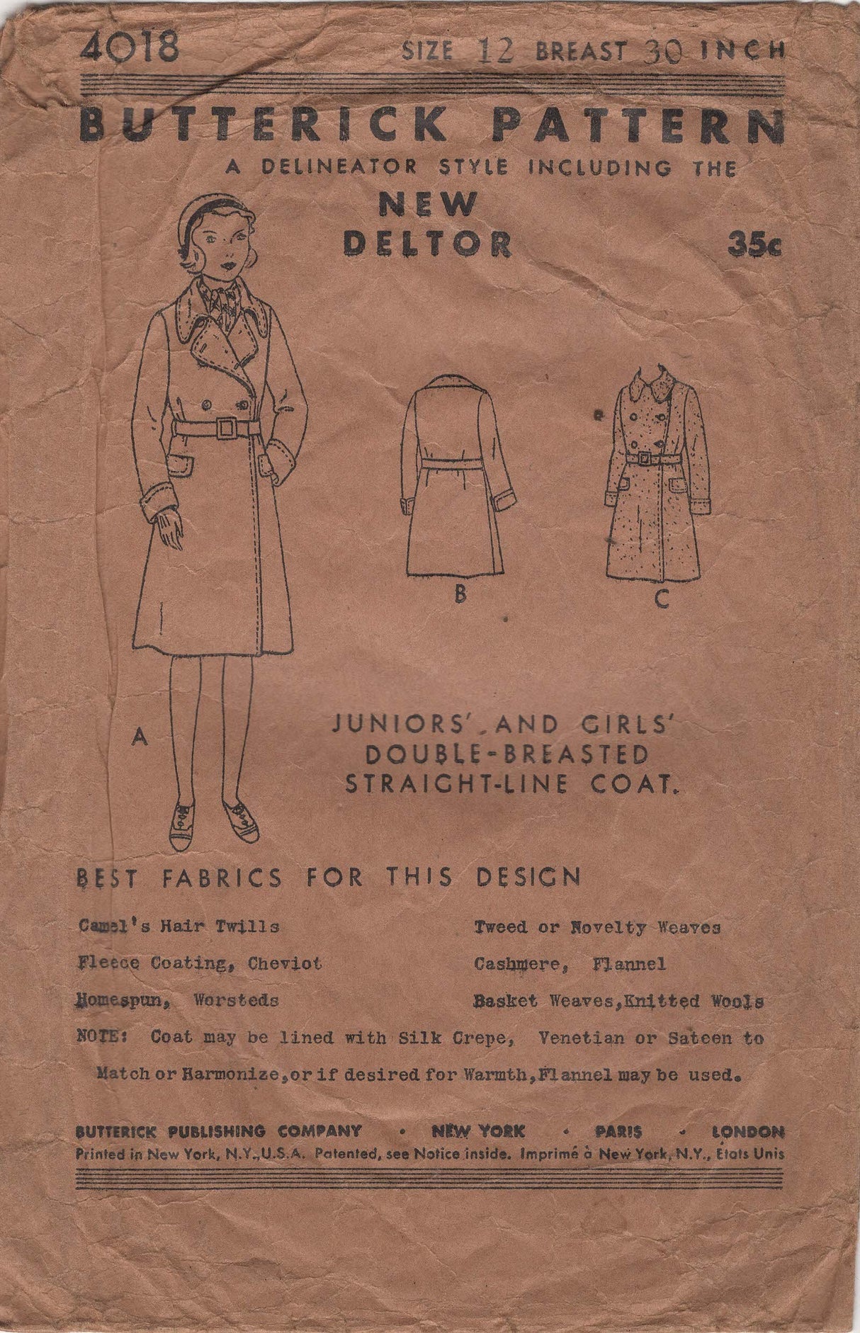 1920's Butterick Child's Double Breasted Coat Pattern - Chest 30" - No. 4018