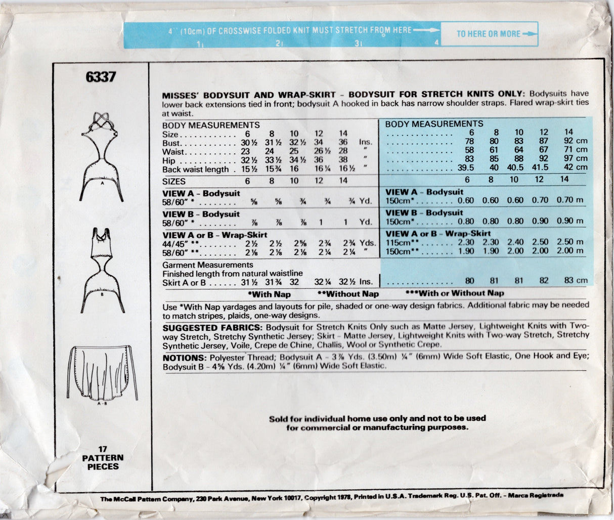 1970's McCall's Wrap Bodysuit and Wrap Skirt Cover up pattern - Bust 36" - No. 6337