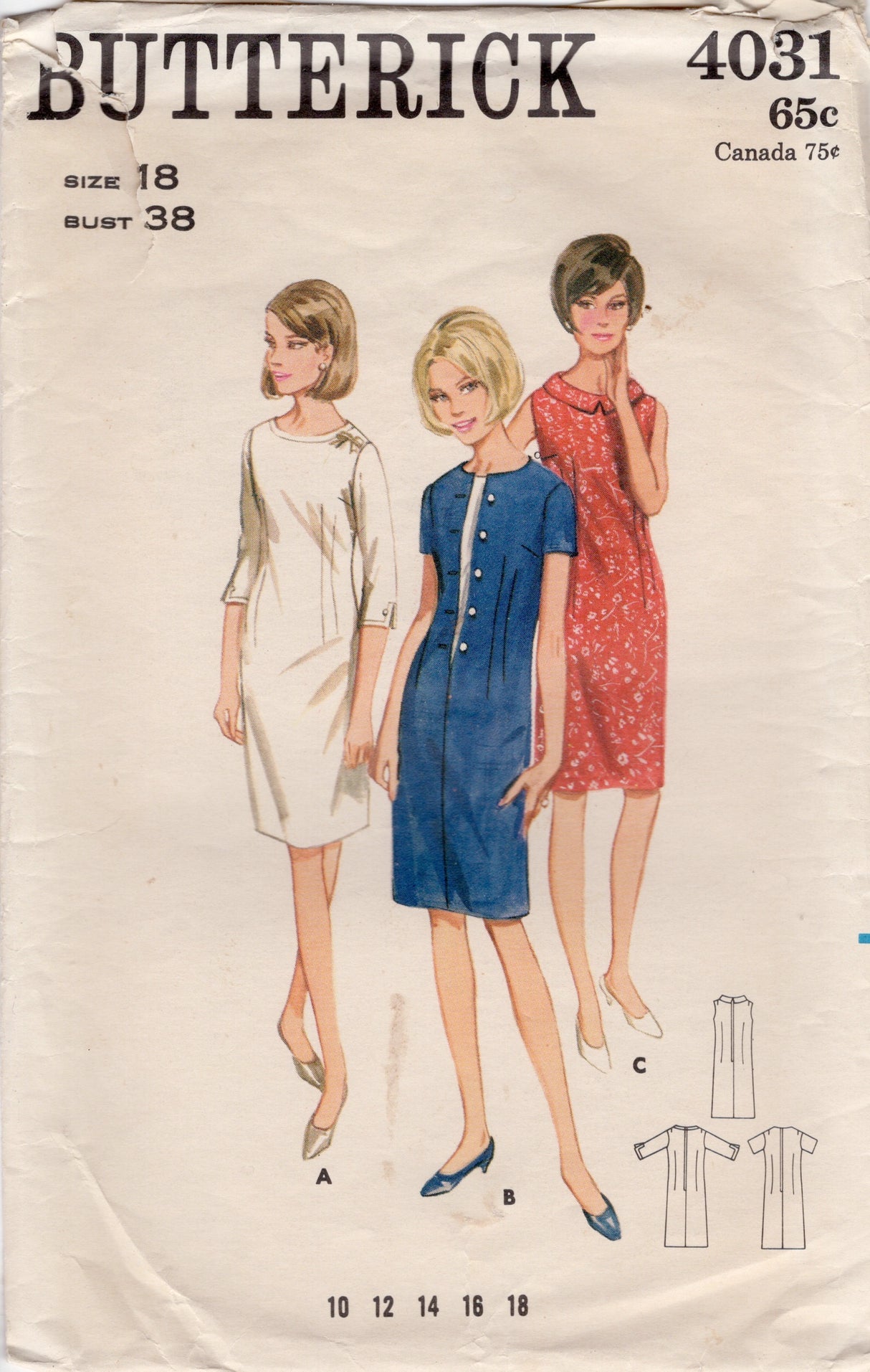 1960’s Butterick Sheath Dress with optional Button Front Dickey Pattern- Bust 38” - No. 4031